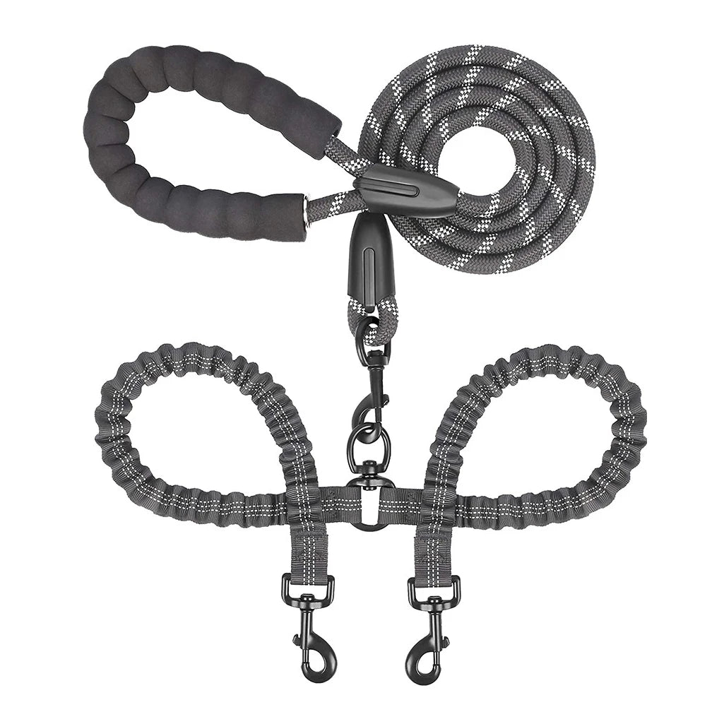Guinzaglio Doppio in Nylon per Passeggiate con Due Cani, Inclusa Borsa per Rifiuti, Lunghezza 1,5 + 0,5 M