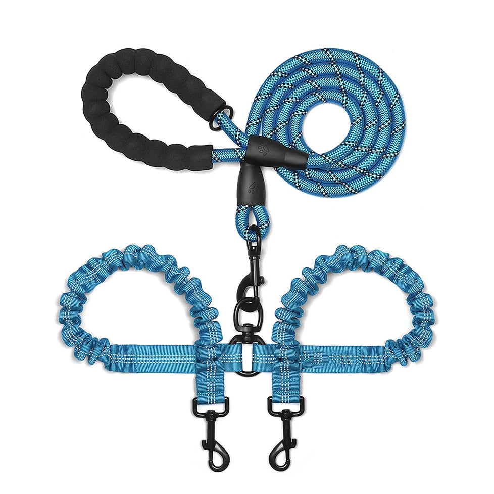 Guinzaglio Doppio in Nylon per Passeggiate con Due Cani, Inclusa Borsa per Rifiuti, Lunghezza 1,5 + 0,5 M