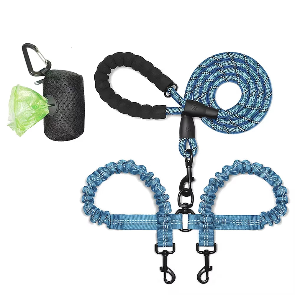 Guinzaglio Doppio in Nylon per Passeggiate con Due Cani, Inclusa Borsa per Rifiuti, Lunghezza 1,5 + 0,5 M