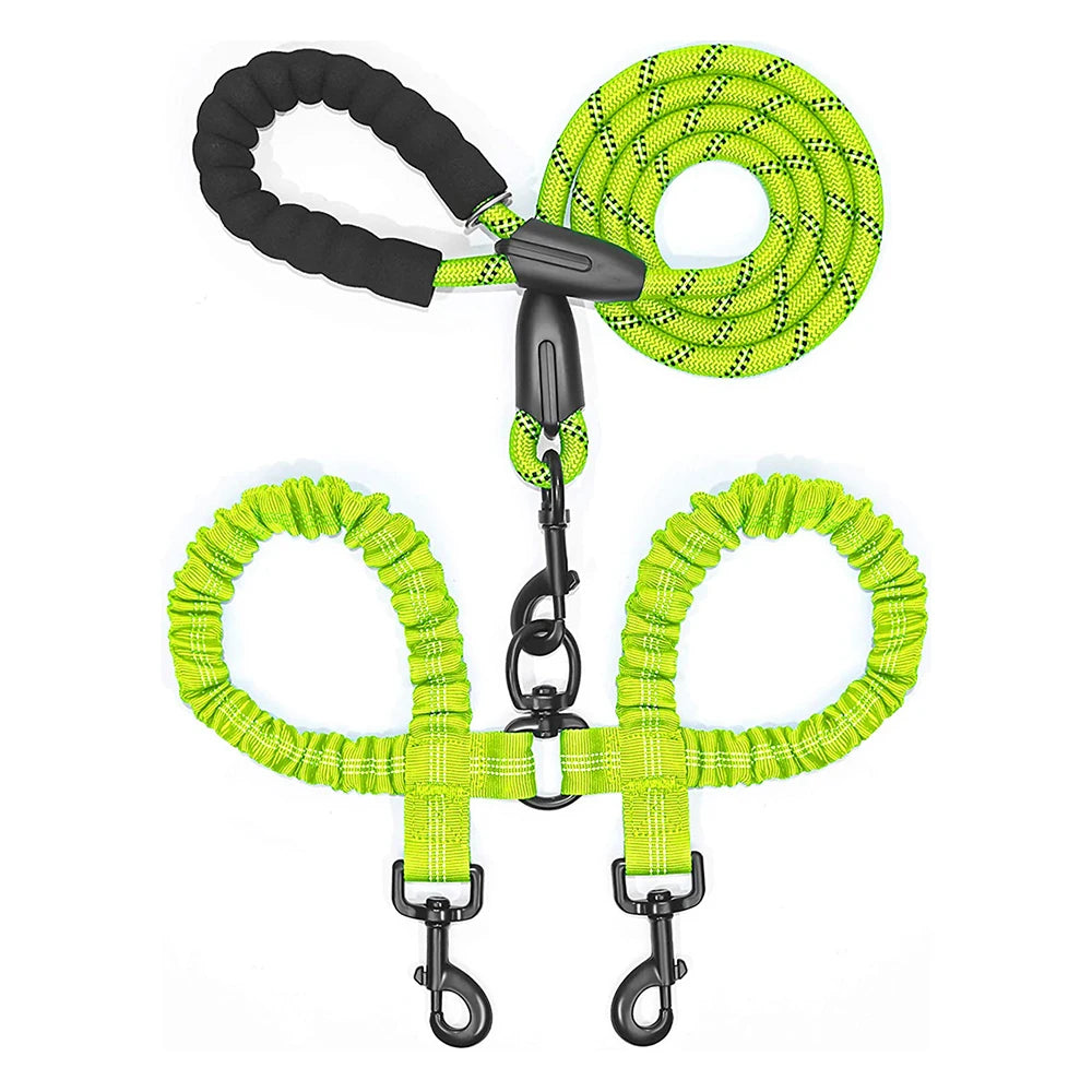 Guinzaglio Doppio in Nylon per Passeggiate con Due Cani, Inclusa Borsa per Rifiuti, Lunghezza 1,5 + 0,5 M