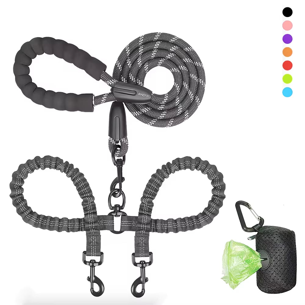 Guinzaglio Doppio in Nylon per Passeggiate con Due Cani, Inclusa Borsa per Rifiuti, Lunghezza 1,5 + 0,5 M