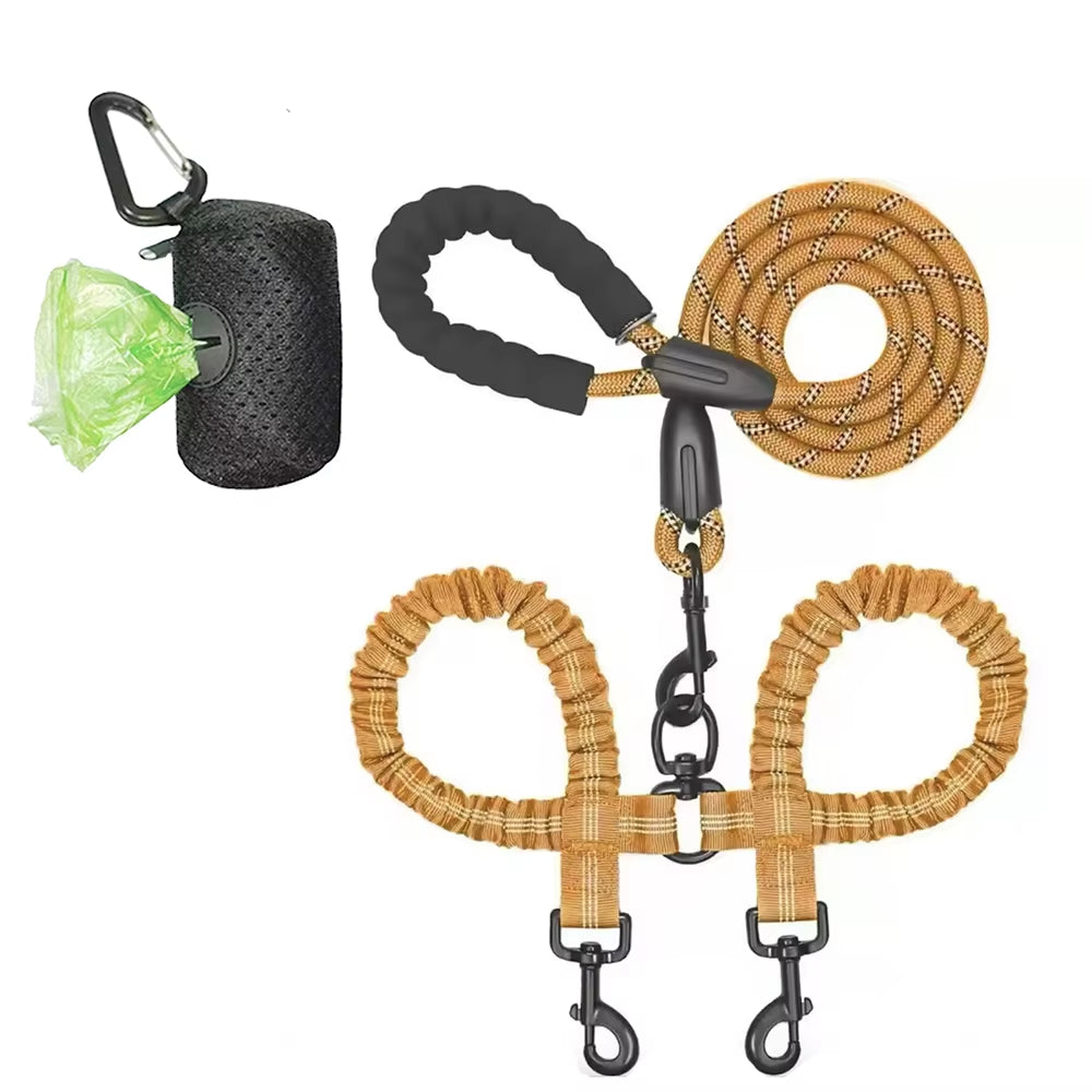 Guinzaglio Doppio in Nylon per Passeggiate con Due Cani, Inclusa Borsa per Rifiuti, Lunghezza 1,5 + 0,5 M