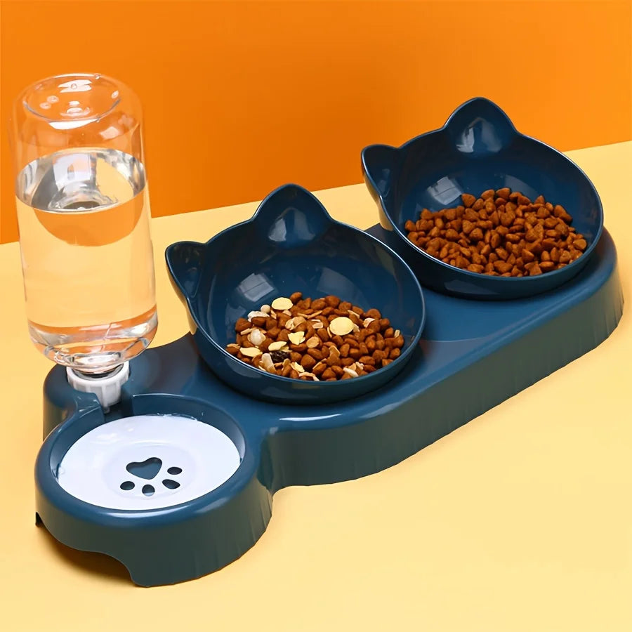 Ciotole per Animali Domestici Con Mangiatoia per L'Acqua, Set Di Ciotole per Acqua E Cibo Inclinate Con Design Dell'Orecchio 3 in 1 Con Bottiglia D'Acqua a Gravità per La Protezione Del Collo