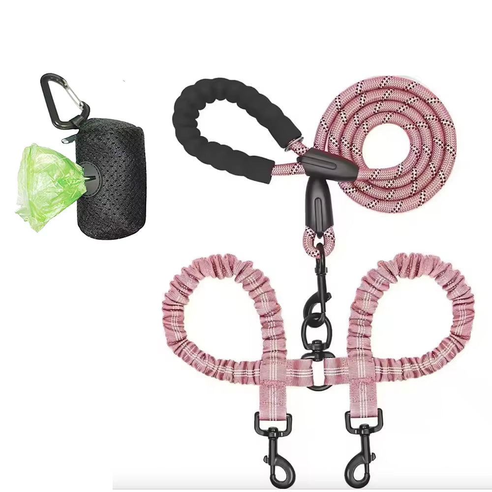 Guinzaglio Doppio in Nylon per Passeggiate con Due Cani, Inclusa Borsa per Rifiuti, Lunghezza 1,5 + 0,5 M