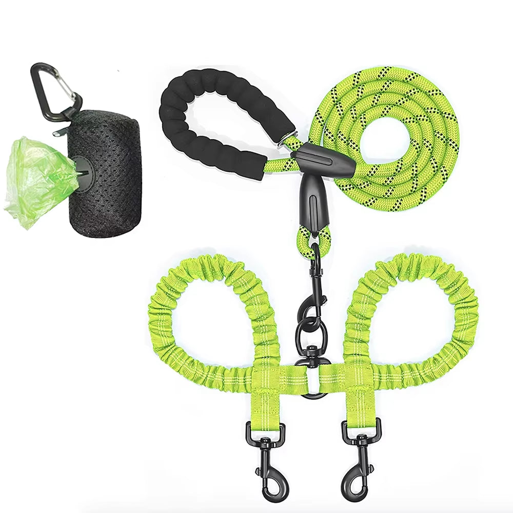 Guinzaglio Doppio in Nylon per Passeggiate con Due Cani, Inclusa Borsa per Rifiuti, Lunghezza 1,5 + 0,5 M