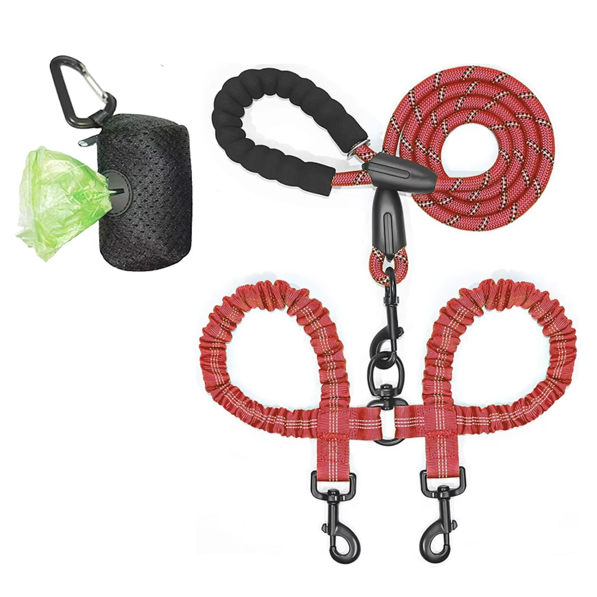 Guinzaglio Doppio in Nylon per Passeggiate con Due Cani, Inclusa Borsa per Rifiuti, Lunghezza 1,5 + 0,5 M