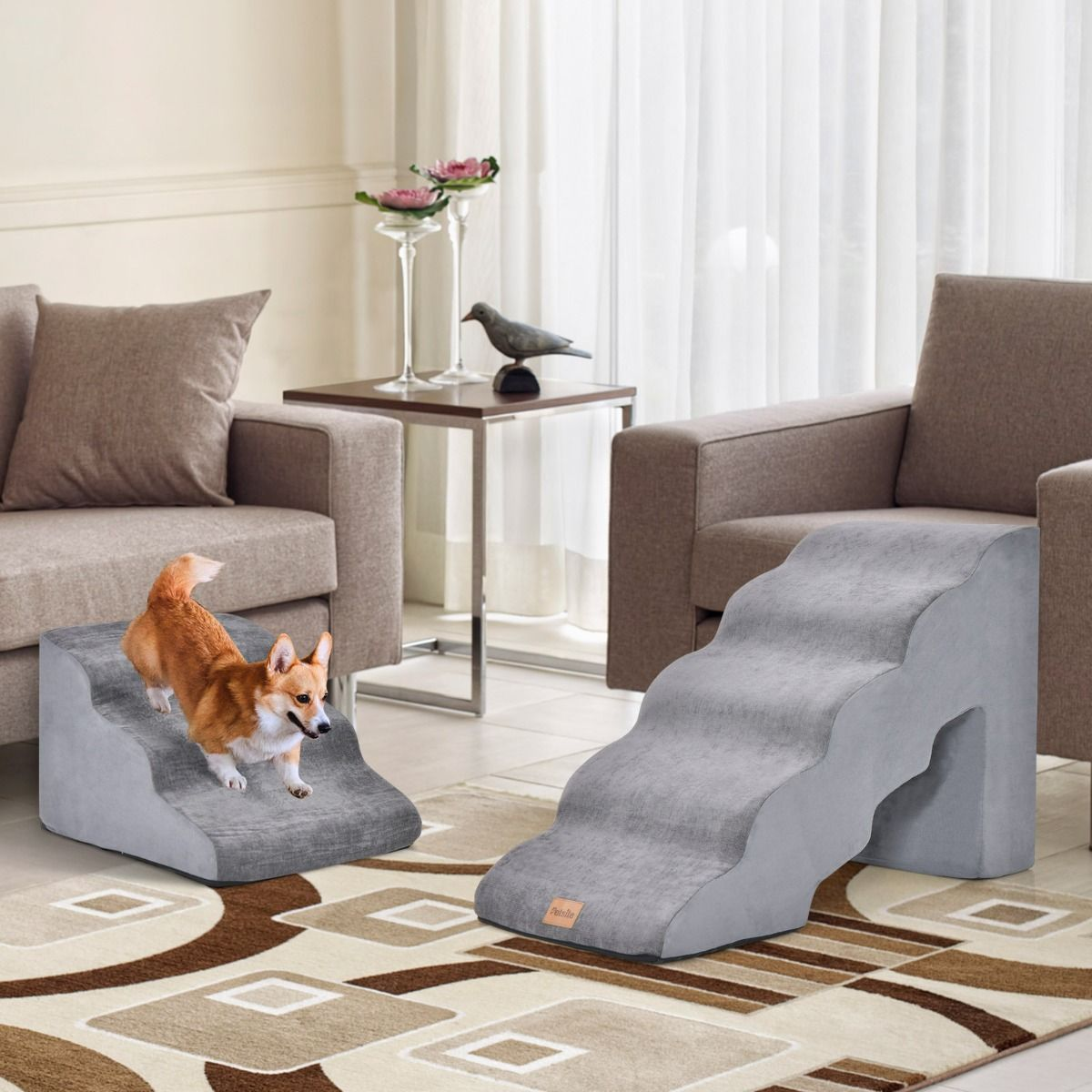 Set di Rampe in Schiuma Antiscivolo per Cani con 5 e 3 Gradini, Alte 56 cm e 28 cm, Disponibili in 2 Colori