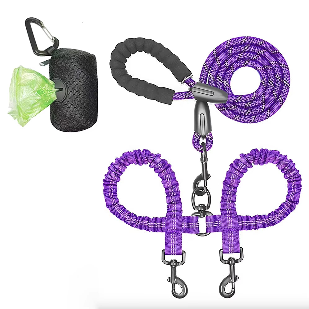 Guinzaglio Doppio in Nylon per Passeggiate con Due Cani, Inclusa Borsa per Rifiuti, Lunghezza 1,5 + 0,5 M