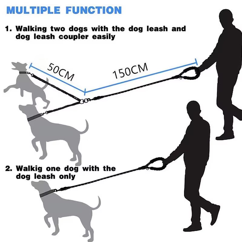 Guinzaglio Doppio in Nylon per Passeggiate con Due Cani, Inclusa Borsa per Rifiuti, Lunghezza 1,5 + 0,5 M