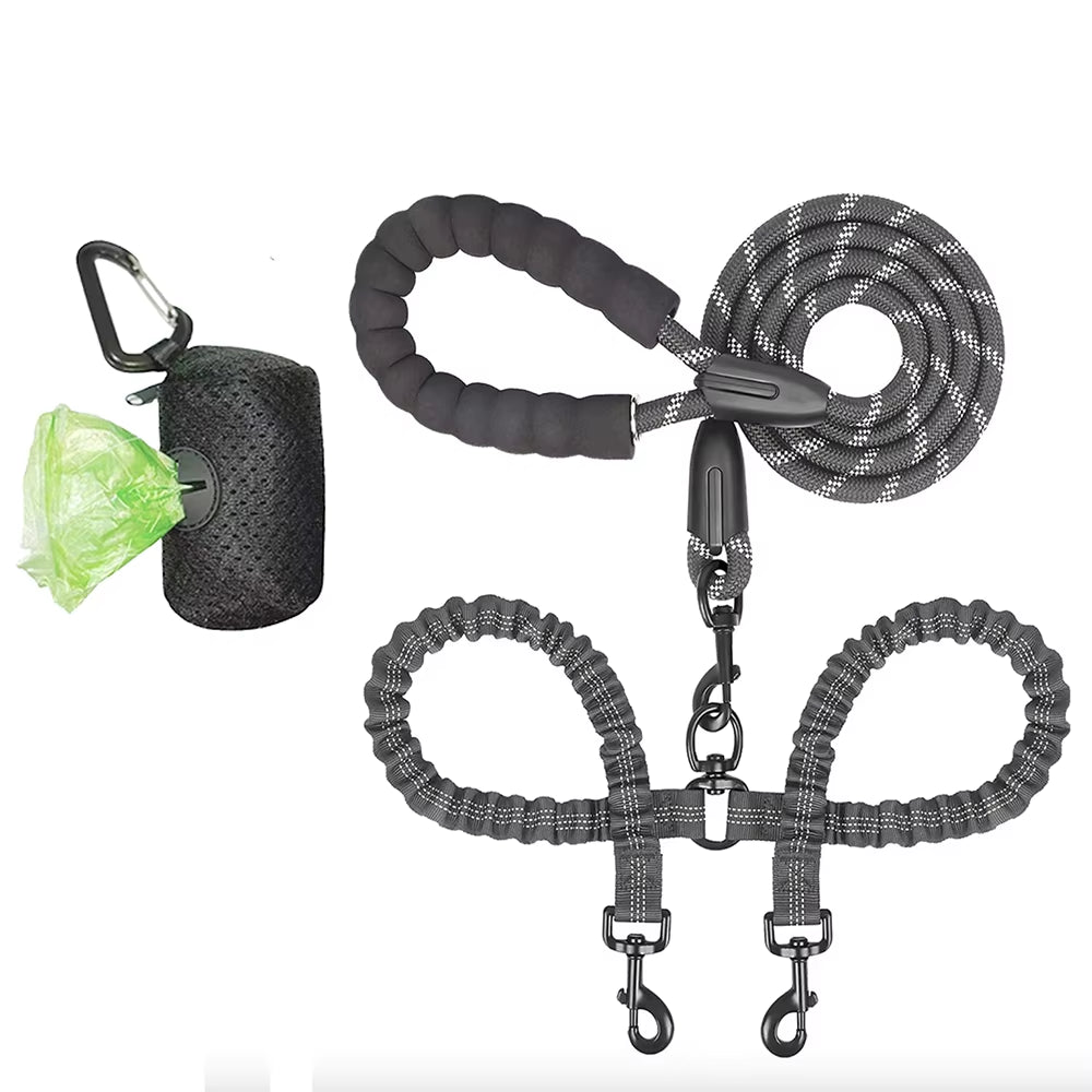 Guinzaglio Doppio in Nylon per Passeggiate con Due Cani, Inclusa Borsa per Rifiuti, Lunghezza 1,5 + 0,5 M